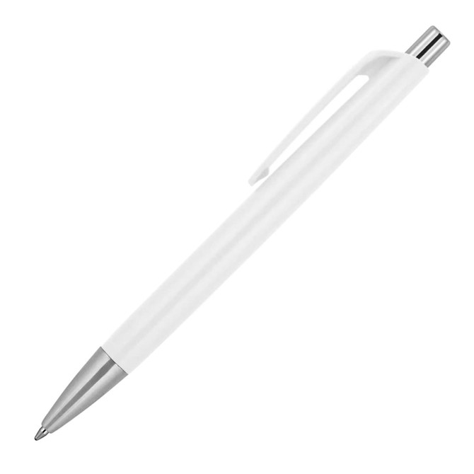 A matte white ballpoint pen with a silver clip and tip, featuring a smooth, minimalist design.
