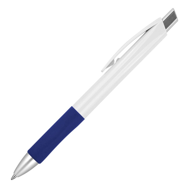 A plastic ballpoint pen with a white barrel and blue grip, featuring a silver clip and tip. It has a logo on the barrel.