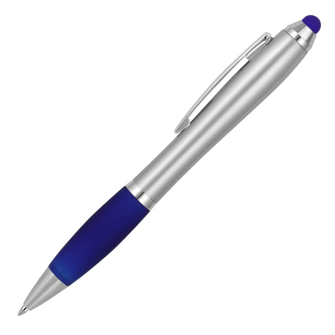 A silver ballpoint pen with a blue grip and stylus tip, featuring a clip and polished accents.