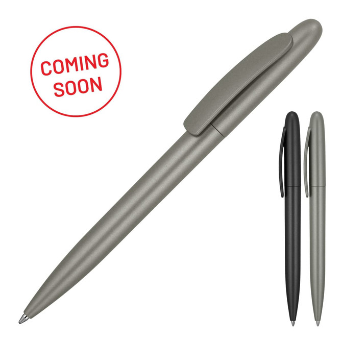 A ballpoint pen featuring a matte finish in grey and black, with a clip and branding logo.