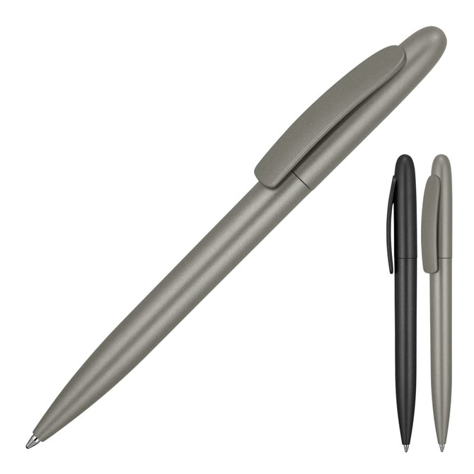 A matte green ballpoint pen with a sleek design, accompanied by a black pen beside it. Both feature a branding logo.
