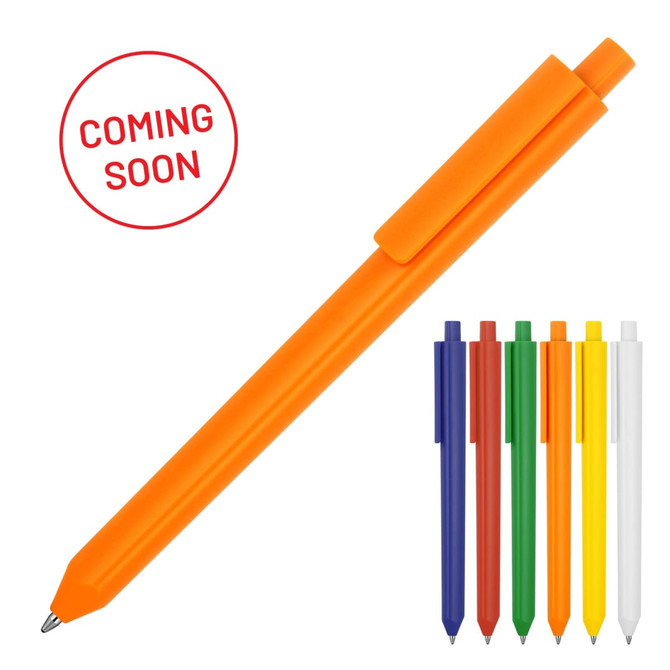 A triangular ballpoint pen in matte orange, with a clip, alongside six additional pens in various colours.