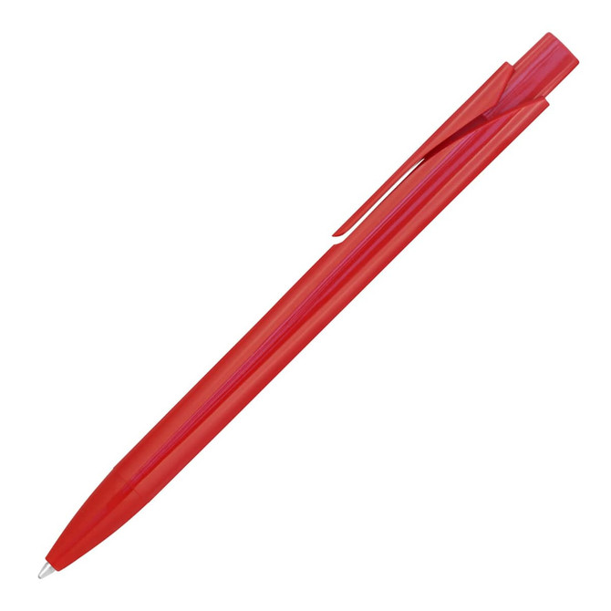 A red ballpoint pen with a sleek design and a clip, featuring a branding logo.