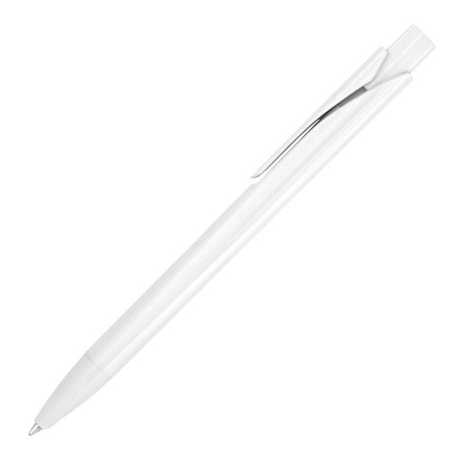 A white ballpoint pen with a solid colour body and a silver clip, featuring a logo on the side.