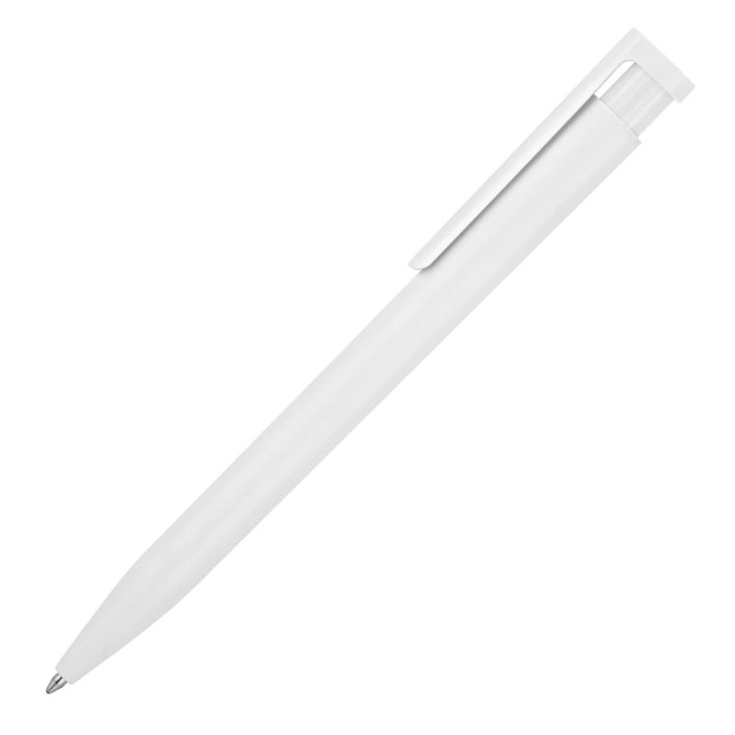 A white ballpoint pen with a coloured accent and a clip. The pen features a sleek design and a logo.