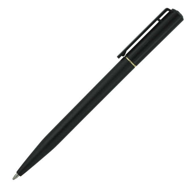 A black ballpoint pen with a sleek design and a gold band, featuring a clip on the cap.
