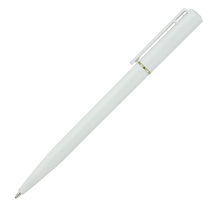 A white ballpoint pen with a clip and a green accent, featuring a logo on the barrel.
