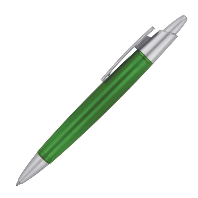 A ballpoint pen in vibrant green with a silver clip and tip, featuring a sleek, smooth design.