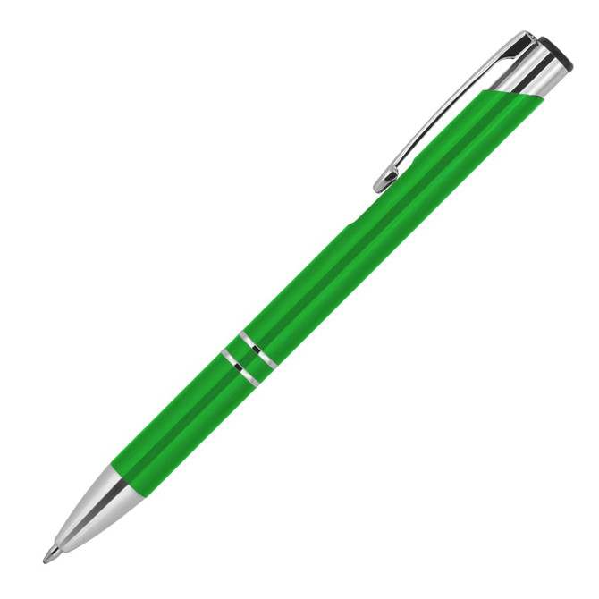 A metallic green ballpoint pen with silver accents and a clip, featuring a sleek, executive design.
