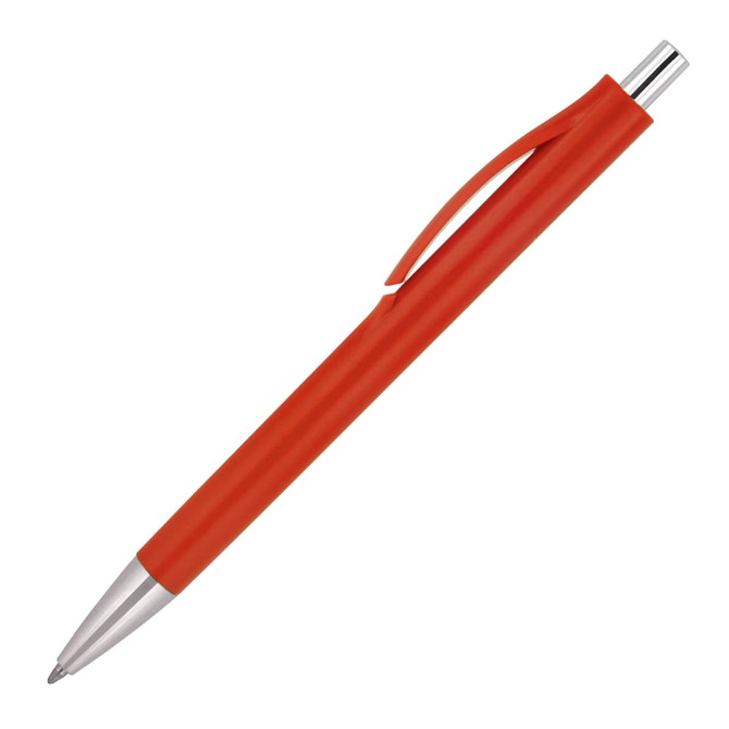 A red ballpoint pen with a silver trim and a clip, featuring a sleek design and a logo.