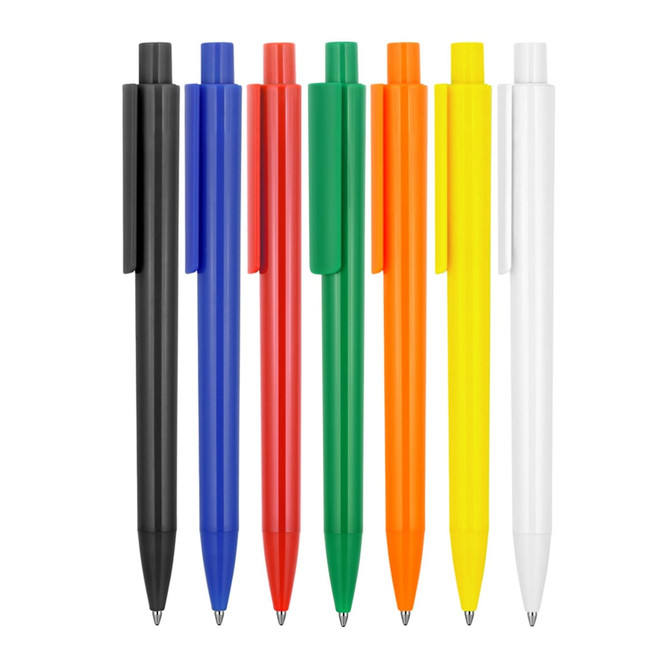 A collection of eight ballpoint pens in black, blue, red, green, orange, yellow, and white, each with a clip and branding.