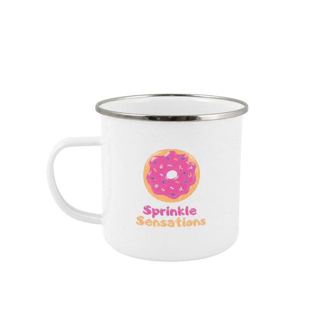 A white enamel mug with a colourful donut design and the words "Sprinkle Sensations," featuring a silver rim.