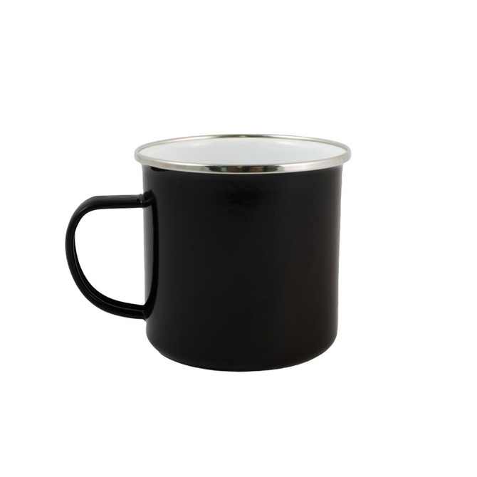 A black enamel mug with a silver rim and a sturdy handle.