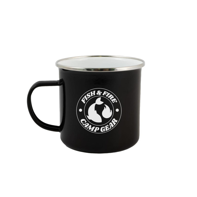 A black enamel mug with a silver interior and a logo on the front.