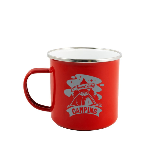 A red enamel mug with a silver rim and a camping-themed design, featuring the text "Travel Tribe" and "CAMPING."