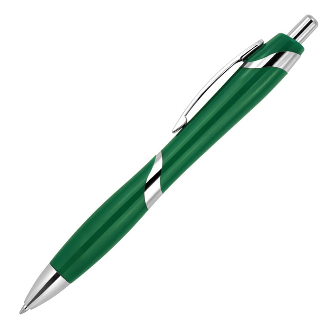 A green ballpoint pen with a silver clip and accents, featuring a glossy finish and a curved design.