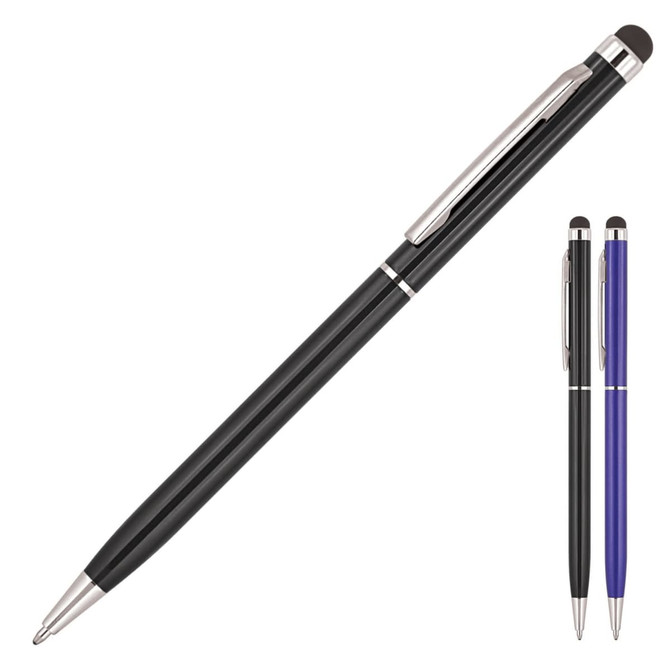 A metal ballpoint executive stylus pen in black, featuring silver accents. Includes a blue version shown in the corner.