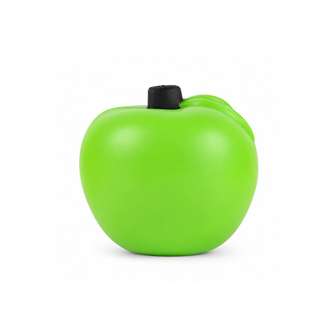 A green apple-shaped stress reliever with a black top, designed for fun and stress relief.