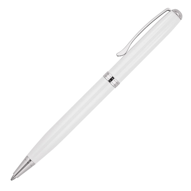 A metal ballpoint pen in white with silver accents and a clip. It has a sleek, executive design and a logo.