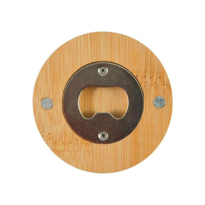 A circular bamboo bottle opener coaster with a silver metal opener in the centre and two screws.