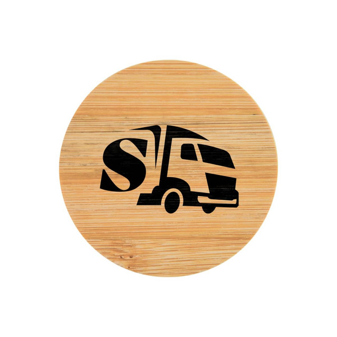 A round bamboo coaster featuring a black truck design and a logo.