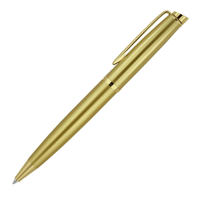 A gold ballpoint pen with a sleek design and a clip, featuring a branding logo.