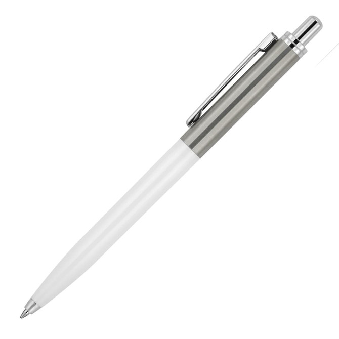 A metal ballpoint pen in white and silver with a sleek design and clip, featuring branding on the body.