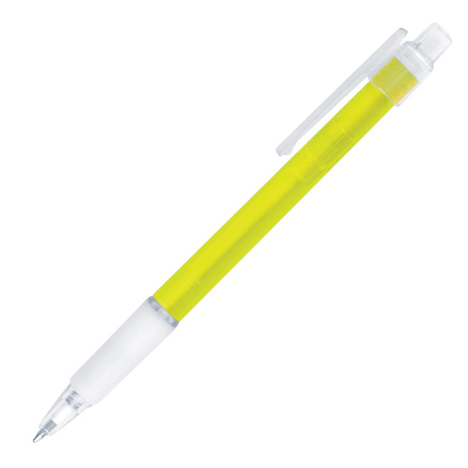 A yellow ballpoint pen with a transparent clip and grip, featuring a logo on the side.