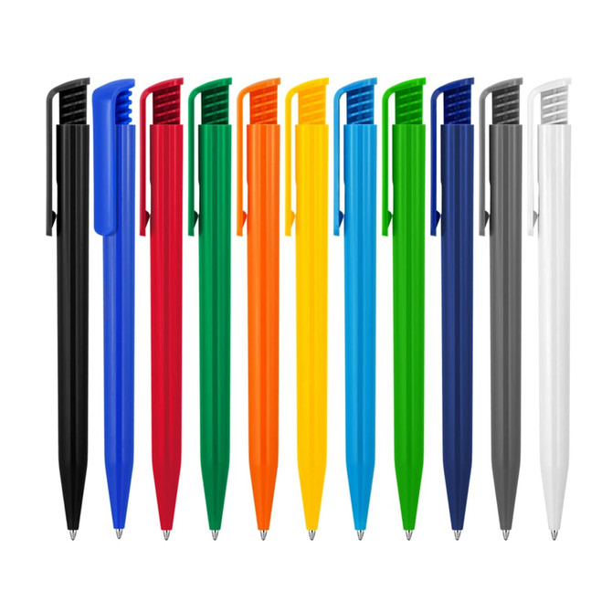 A selection of ballpoint pens in gloss colours: black, blue, red, orange, yellow, green, and grey, with a white pen at the end.