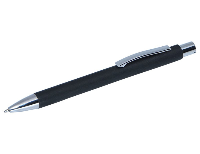 A black pen with a rubber grip and a silver clip, featuring a shiny metallic tip. It has a branding logo.