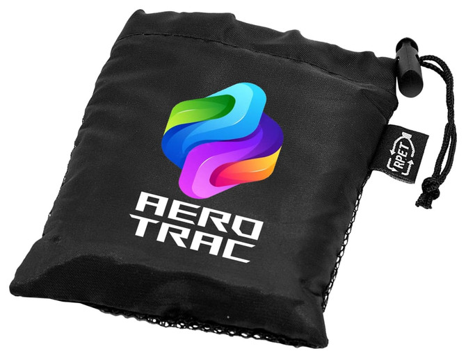 A black drawstring pouch featuring a colourful logo, designed for the Work-out rPET Towel.
