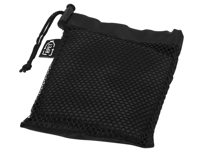 A black mesh pouch containing a towel, showcasing its compact design and rPET material.