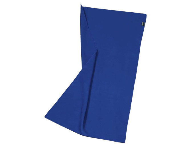 A blue rPET towel with a folded design, suitable for gym and outdoor activities, featuring a logo.
