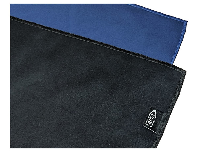 A blue and black workout towel made from rPET material, featuring a small logo on the edge.