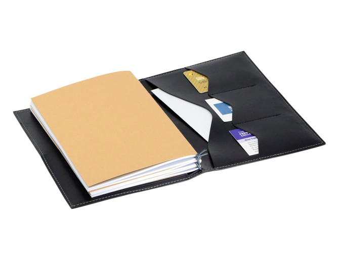 A black A5 journal with a simple cover, featuring blank pages and card slots inside.