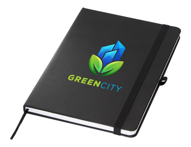 A black A5 notebook with an elastic band, featuring a logo on the cover and a white inner section.