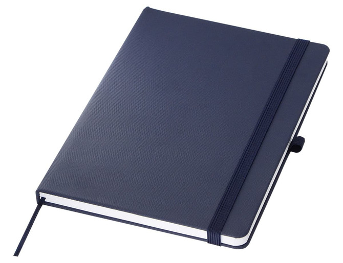 A navy blue A5 notebook with a textured cover, an elastic band, and a ribbon bookmark. It features a logo.