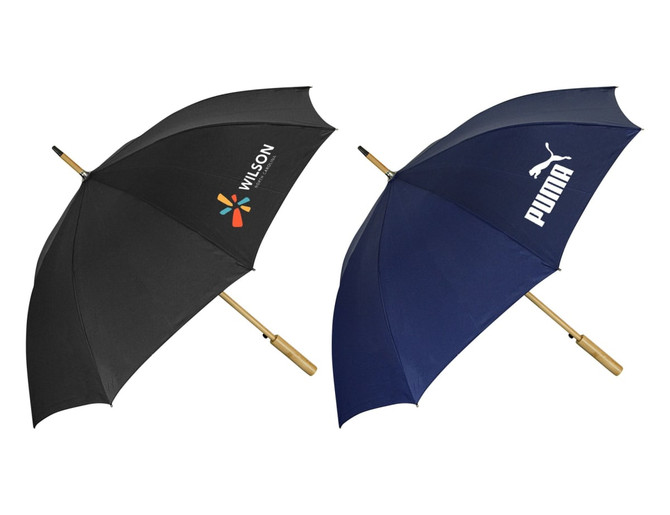 A black and a navy RPET umbrella with wooden handles, each featuring a logo.