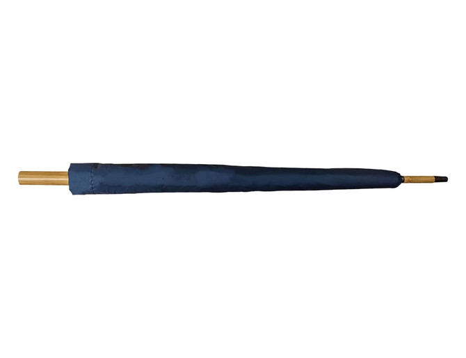 A navy RPET umbrella with a gold handle, featuring a simple design and a branding logo.