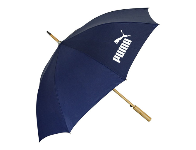 A navy umbrella with a wooden handle and branding on the canopy.