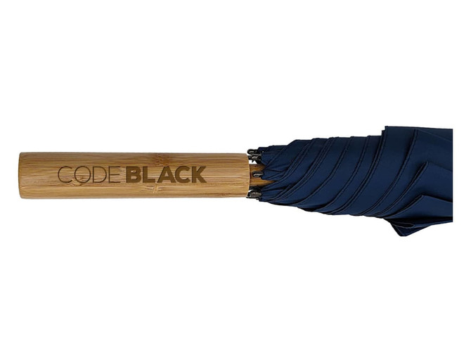 A navy RPET umbrella featuring a wooden handle with an engraved logo.