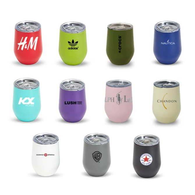 A collection of colourful stainless steel mugs with various logos, featuring red, green, blue, purple, pink, and grey designs.