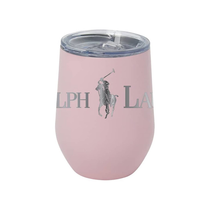 A drink bottle in pink with a transparent lid, featuring a logo on the front. Suitable for beverages.