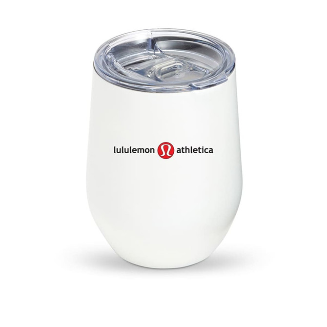 A white drink tumbler with a clear lid, featuring a logo on the front.