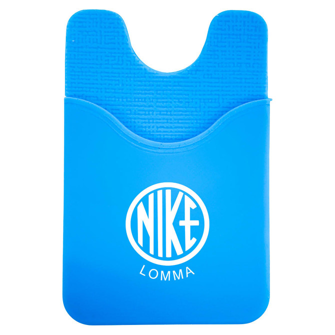 A blue phone wallet with a textured design and a logo. Features a pocket for cards or cash.