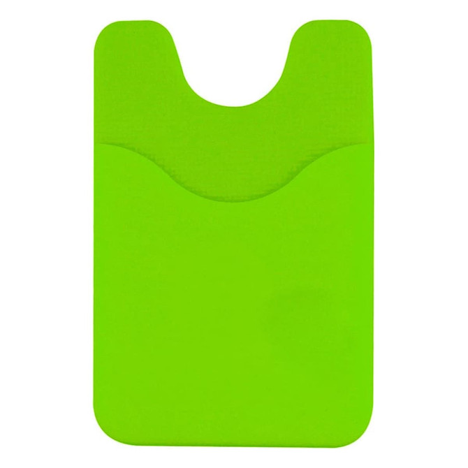 A bright green phone wallet with a slot for cards and a simple, sleek design. It features a logo on the surface.
