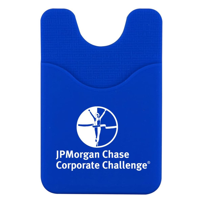 A blue phone wallet with a textured finish and a slot for cards, featuring a logo on the front.