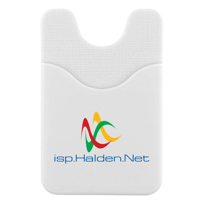 A white phone wallet with a textured surface and a logo on the front.