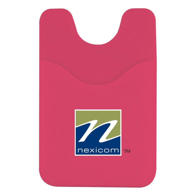 A pink phone wallet with a cut-out design and a logo in the centre.