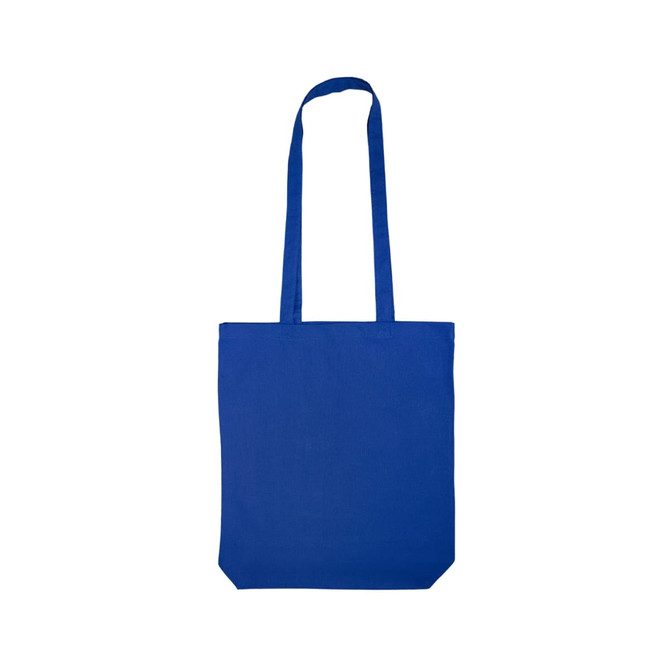 A blue long handle cotton bag is displayed, featuring a simple and spacious design suitable for various uses.